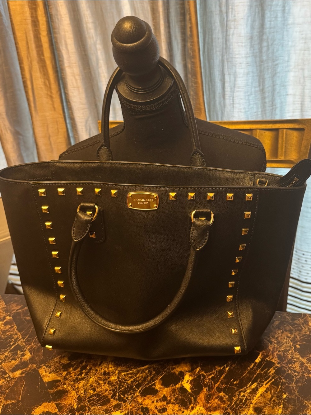 Michael Kors Black Leather Studded Tote with Gold Hardware